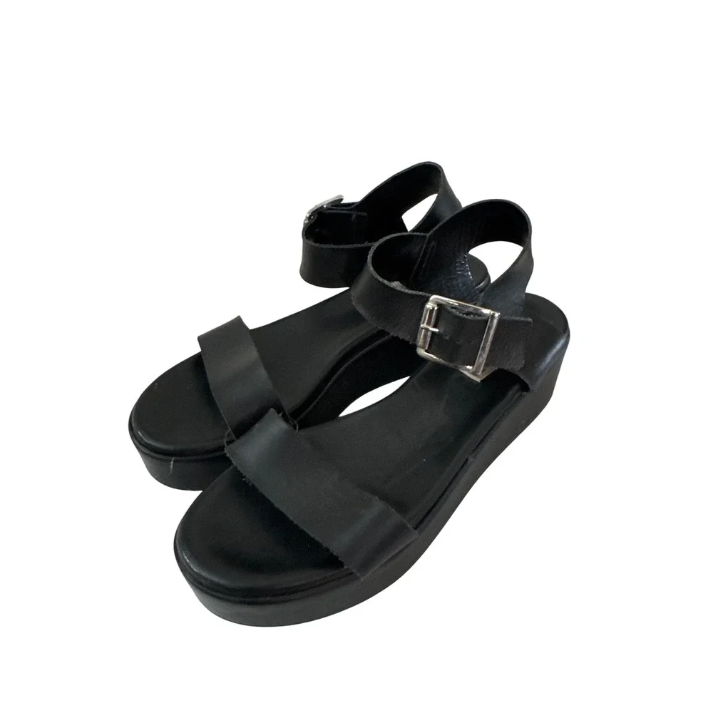 Steve Madden Black Leather Platform Sandals Made in Italy Ankle Strap Womens 10